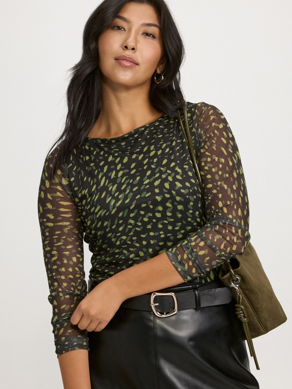 Semi-Sheer Long-Sleeve Printed Mesh Top in Olive/Black
